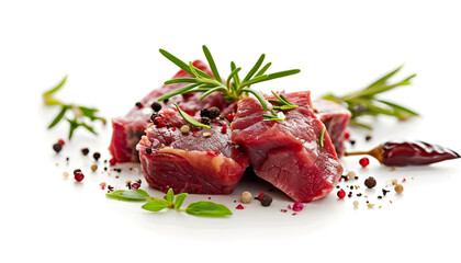 Piece of raw beef meat and spices isolated on white