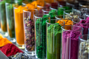 Vibrant spices and powdered herbs are arranged in clear glass containers at a bustling market. The display showcases a rich variety of colors, enticing shoppers in the morning