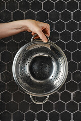 A hand holding a stainless steel colander over a black hexagonal tiled countertop
