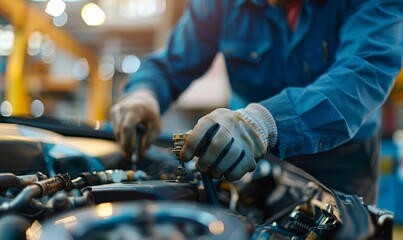 A car engine repairer in a bright industrial workshop during daytime hours.