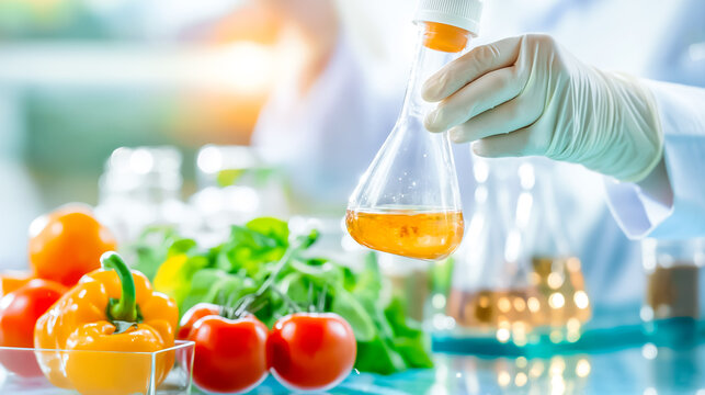 A scientist in a lab coat holds a flask containing orange liquid while surrounded by fresh vegetables. The atmosphere is bright and focused on research and innovation