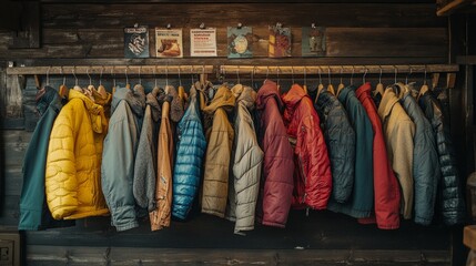  A rack of gently used jackets on wooden hangers, illuminated warmly, highlighting textures and colors for a coat drive.