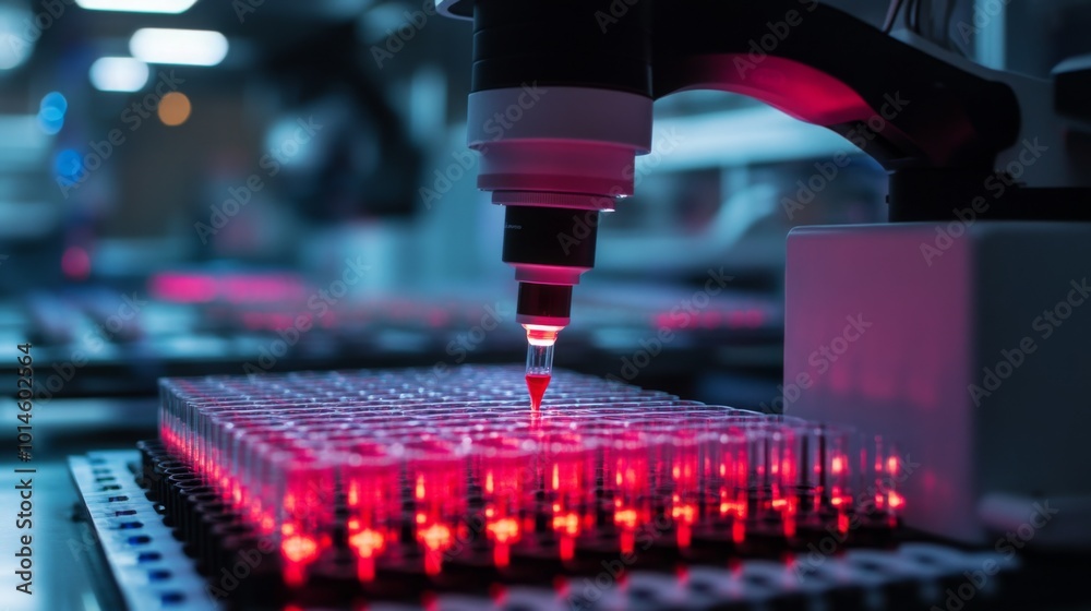 Poster A high-tech laboratory environment showcases a robotic arm delicately dispensing liquid into multiple wells of a plate, illuminated by red lighting to emphasize the precision of the process.
