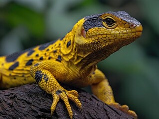 Yellow and black lizard on tree branch