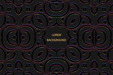 Ethnic black lorem ipsum background, tribal cover design, banner. Geometric shiny 3D pattern, embossing, place for text. Ornaments, arabesques, mandala of the East, Asia, India, Mexico, Aztec, Peru.