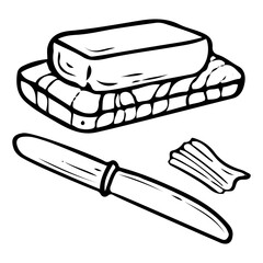 Butter dish hand drawn doodle. Tableware. Knife for spreading butter. Kitchenware. Wooden plate. Vector sketch line art illustration.