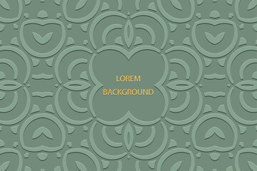 Ethnic green lorem ipsum background, tribal cover design, banner. Geometric abstract 3d pattern, embossing, place for text. Ornaments, arabesques, mandala of the East, Asia, India, Mexico, Aztec, Peru