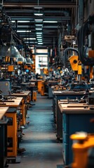 A wide view of an industrial workshop filled with machines and tools, showcasing a vibrant workspace for manufacturing activities.