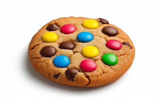 Colorful cookie with a variety of different colored candies on it. The cookie is cut in half. kids cookie colourfu; fun themed isolated on white background