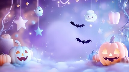 Fototapeta premium A soft Halloween background featuring light pink jack-o'-lanterns, pastel blue bats, and whimsical stars scattered across a purple sky.