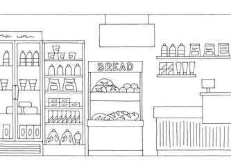 Grocery store shop interior black white graphic sketch illustration vector 
