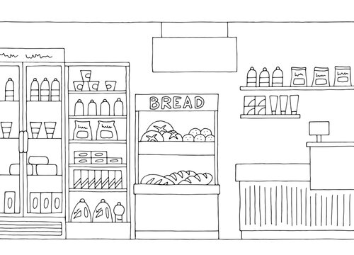 Grocery store shop interior black white graphic sketch illustration vector 