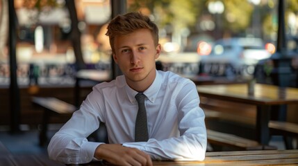 Fototapeta premium Young Man in White Shirt and Tie Sitting at a Table