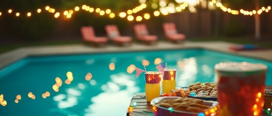 Cozy and vibrant poolside gathering under the night sky.
