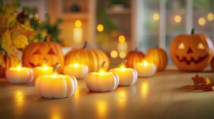 Obraz premium Halloween pumpkins with flickering candles inside, lined up on a wooden table, casting warm light and creating a cozy, spooky vibe.