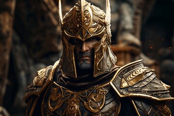 Warrior Viking in full arms with axe and helmet on dark background