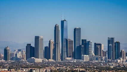 Vibrant Midday City Skyline Under Clear Blue Skies