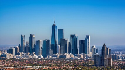 Obraz premium Vibrant Midday City Skyline Under Clear Blue Skies