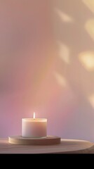 A serene candle emits a soft glow against a softly colored background, creating a tranquil atmosphere of warmth and relaxation.