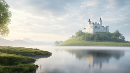 A castle is on a hill overlooking a lake