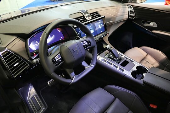 Multifunction driving wheel and dashboard of modern french premium crossover SUV DS7 Antoine De Saint Exupery edition, Displayed on car expo in Nitra, Slovakia, october 2024