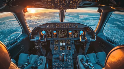 Captivating cockpit view showcasing airplane instruments and sunset over clouds, perfect for aviation enthusiasts and travel visuals.