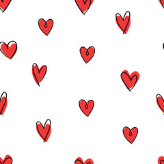  Seamless pattern with hand drawn cute red hearts ink vector illustration