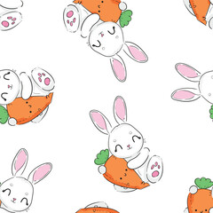 Seamless pattern Cute Bunny and carrots, print design rabbit background, children print textile design. Hand Drawn Vector