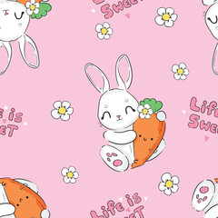Seamless pattern Cute Bunny and carrots, print design rabbit background, children print textile design. Hand Drawn Vector