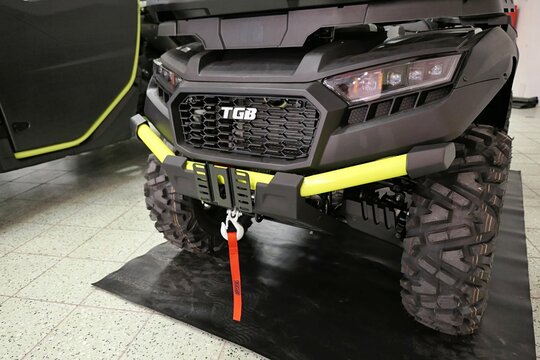 Front mask of modern taiwanese ATV four wheeler TGB (Taiwan Golden Bee) Blade 1000i LTX MAX, displayed on car expo in Nitra, Slovakia in october 2024. 