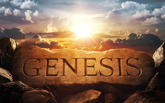An epic cinematic presentation of the Bible with the name Genesis carved into ancient stone, illuminated by a radiant sunrise breaking through the clouds.