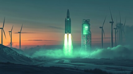 At dawn, a futuristic rocket lifts off impressively, surrounded by wind turbines and a green energy facility, showcasing the blend of modern aerospace technology and renewable energy initiatives.