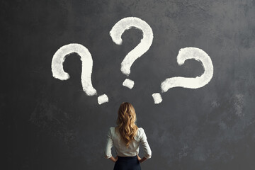 three question marks with woman business ethics choice concept
