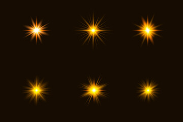 Orange and yellow glowing light stars explodes. Sparkling dust yellow particles. Shining sun light flare, shine effect, sparkle star, glow shine, glare