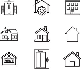 Home Icon Set Line Art Vector Silhouette With White Background.