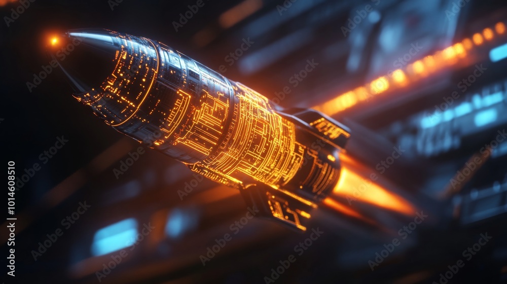 Poster A rocket with intricate glowing patterns is poised for launch in a high-tech environment, illuminated by vibrant lights against a dark backdrop, suggesting advanced technology and space exploration.