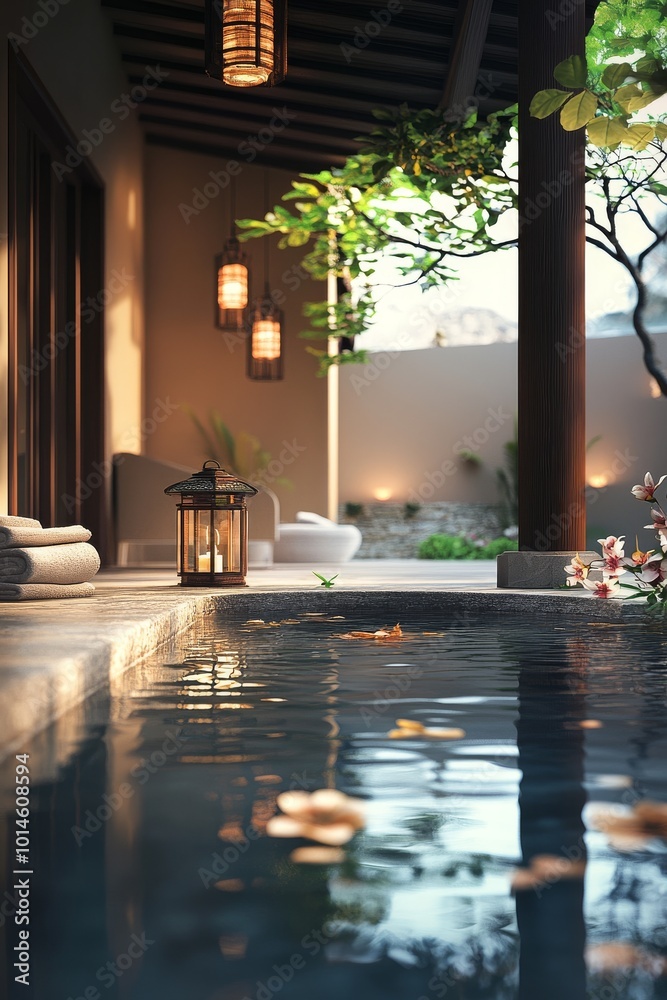 Wall mural A pool with a lantern in the water and a tree in the background. Scene is peaceful and relaxing