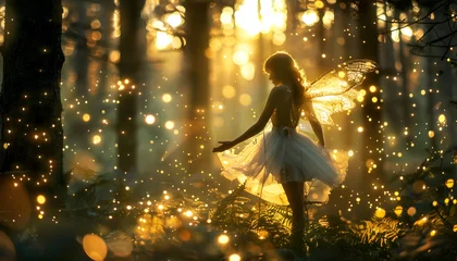 Fotobehang Feeën en elfen lights weaving through ancient pines. Ethereal fairies dancing among moonlit trees, surrounded by magical whispers and melodies  © Oleksiy