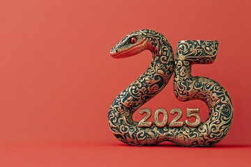 Obraz premium 2025. numbers close up. A simple shaped snake coils around ornate numbers isolated on a red background.