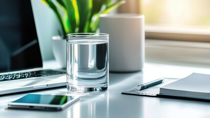A glass of water next to a laptop on a desk, with a phone and notebook nearby, suggesting productivity and hydration.