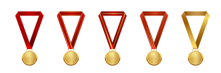 Gold medal with red ribbon first place vector illustration set. Realistic isolated trophy medals with different red and gold ribbons for winners and champions ceremony.