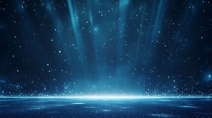 Abstract blue background with glowing lights and particles.