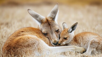 Fototapeta premium A vibrant photograph of a kangaroo mother grooming her joey, with soft fur and tender moments shared between the two, against the backdrop of open plains