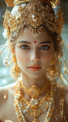 Fototapeta premium A captivating portrait of a woman in traditional attire, radiating beauty and joy during Diwali festivities.