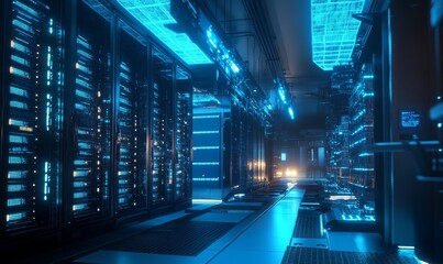 Blue lit server room with glowing panels.