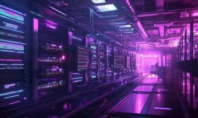Obraz premium Purple-lit server room with glowing data.