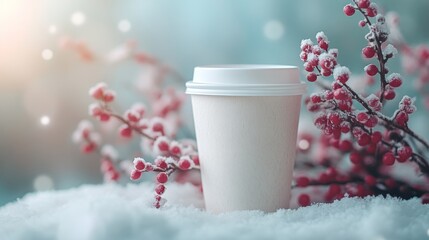 Paper cups with Christmas decoration and copy space for your design. xmas mockup. ai generated