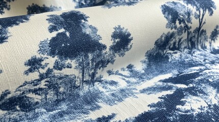 Elegant blue and white bed featuring a toile print with intricate pastoral scenes and delicate brushwork in a classic style.