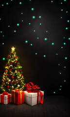 Charming Merry Christmas and Happy New Year background with traditional red and green decorations, twinkling lights, and snow-covered landscapes, ideal for festive holiday greeting cards