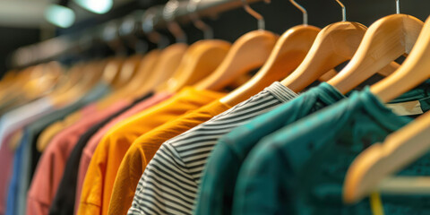 Fototapeta premium close up clothing rack on hanger at the modern shop boutique